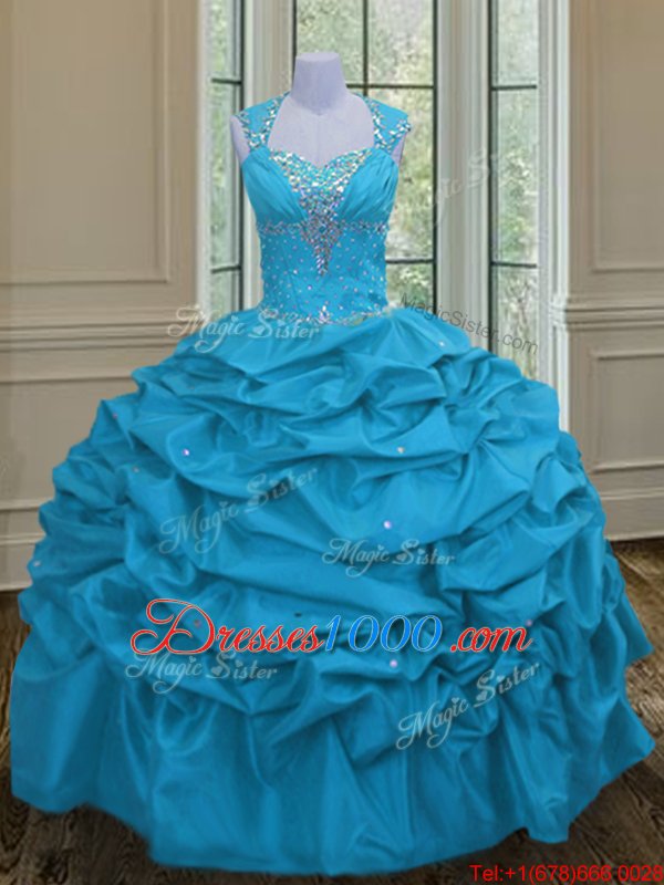 Sophisticated Pick Ups Ball Gowns Quinceanera Dresses Aqua Blue Straps Taffeta Sleeveless Floor Length Lace Up