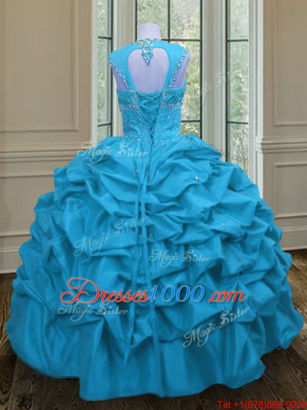 Sophisticated Pick Ups Ball Gowns Quinceanera Dresses Aqua Blue Straps Taffeta Sleeveless Floor Length Lace Up
