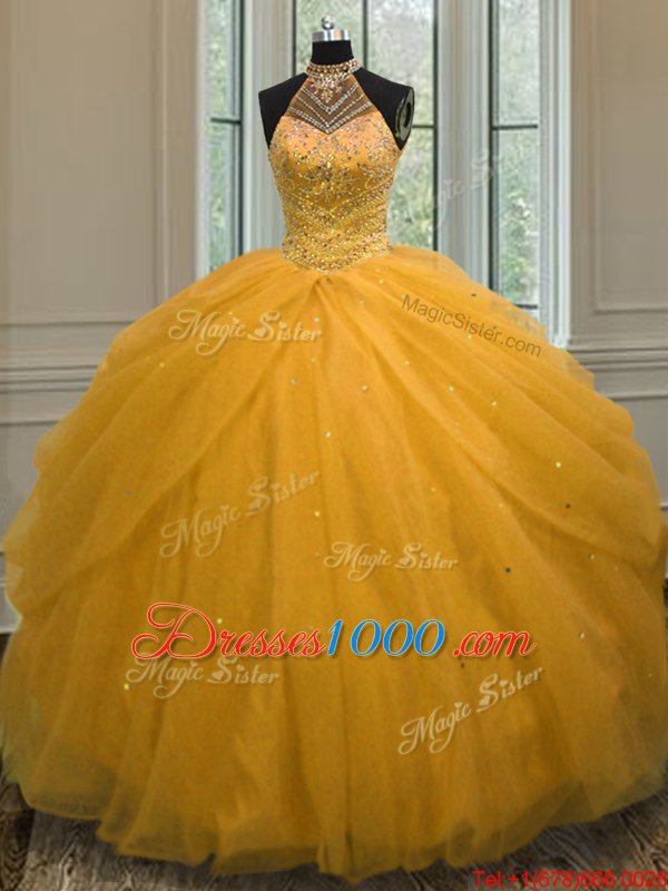 Suitable Halter Top Gold Sleeveless Beading Floor Length Vestidos de Quinceanera