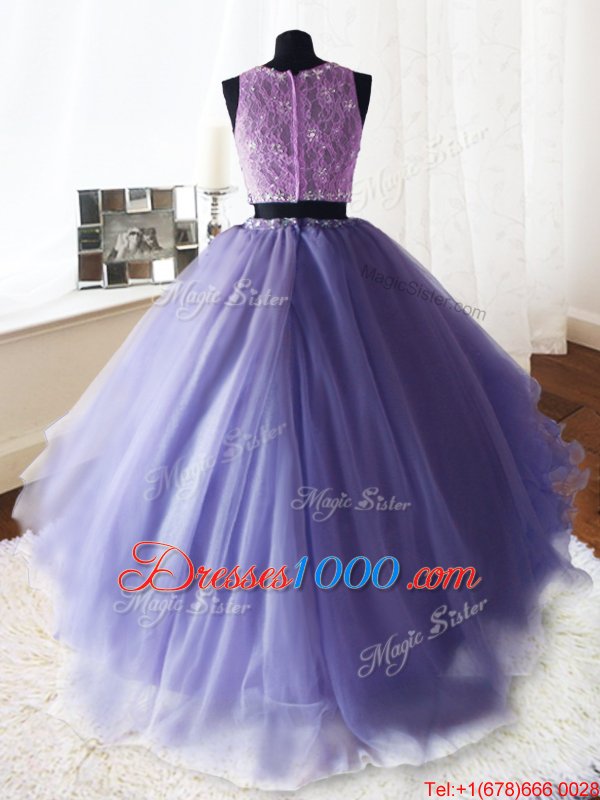 Lavender Ball Gowns Organza and Tulle and Lace Scoop Sleeveless Beading and Lace and Ruffles With Train Zipper Quince Ball Gowns Brush Train