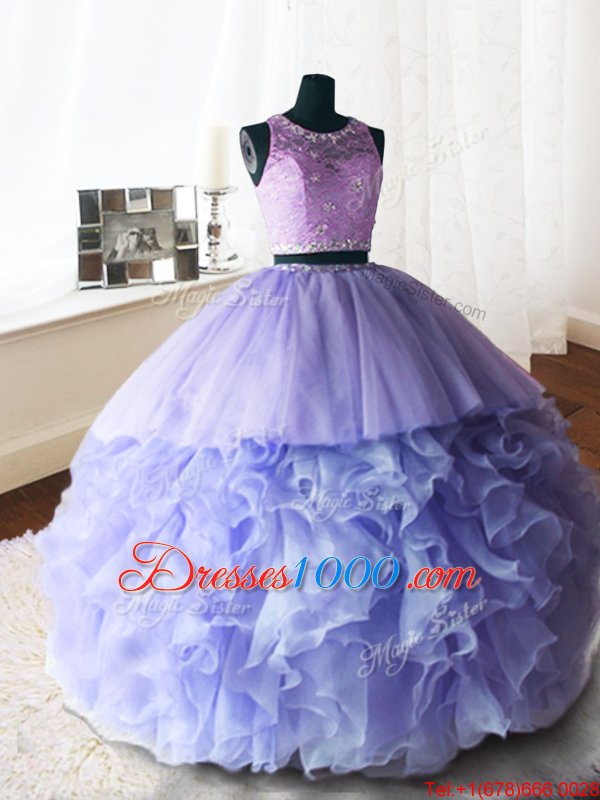 Lavender Ball Gowns Organza and Tulle and Lace Scoop Sleeveless Beading and Lace and Ruffles With Train Zipper Quince Ball Gowns Brush Train