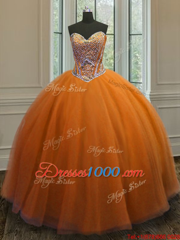 Orange Sweetheart Neckline Beading 15th Birthday Dress Sleeveless Lace Up