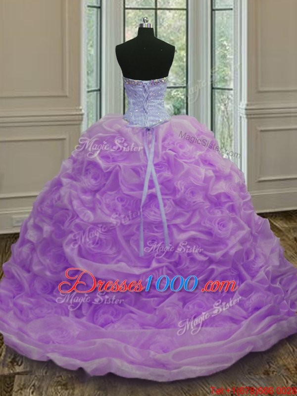Lavender Organza Lace Up Ball Gown Prom Dress Sleeveless Sweep Train Beading