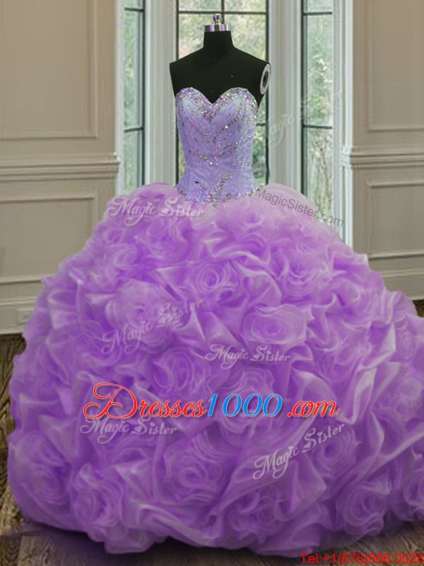 Lavender Organza Lace Up Ball Gown Prom Dress Sleeveless Sweep Train Beading