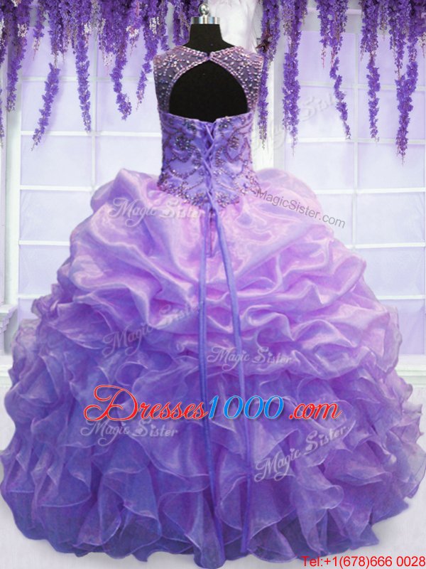 Vintage Organza Scoop Sleeveless Lace Up Beading and Pick Ups Quince Ball Gowns in Lavender