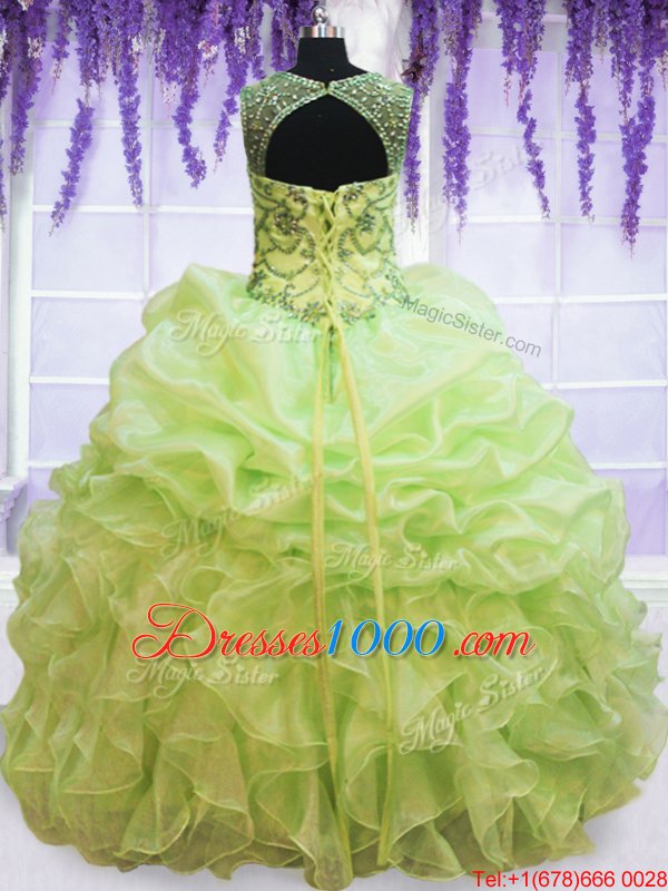 Pick Ups Scoop Sleeveless Lace Up 15th Birthday Dress Yellow Green Organza