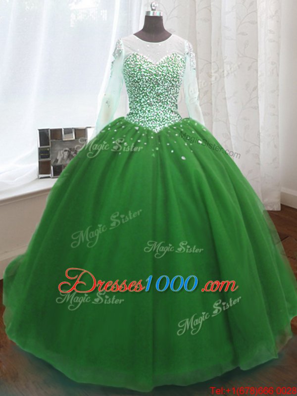 Scoop Long Sleeves Sweep Train Beading and Sequins Lace Up Quinceanera Dress