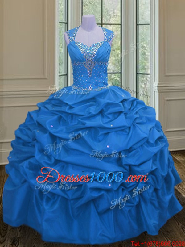 Ideal Straps Straps Taffeta Sleeveless Floor Length Quince Ball Gowns and Beading and Pick Ups
