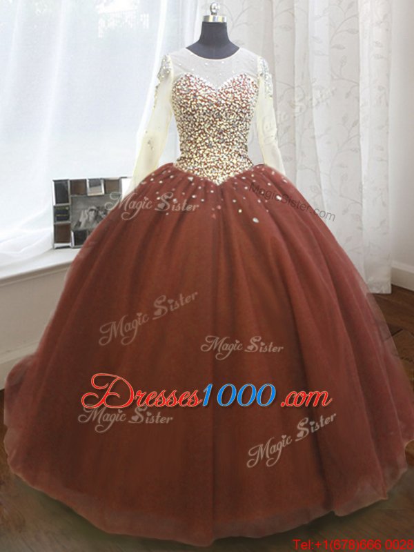 Fantastic Scoop Burgundy Organza Lace Up Quinceanera Dress Long Sleeves Sweep Train Beading and Sequins