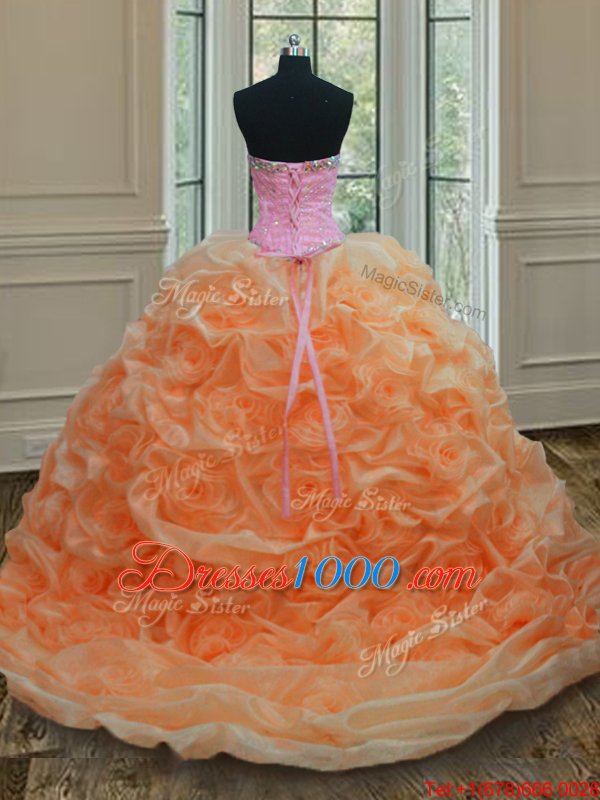 Orange Organza Lace Up Sweet 16 Dress Sleeveless Floor Length Beading