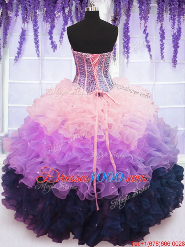 Ruffled Multi-color Sleeveless Organza Lace Up Quinceanera Gowns for Military Ball and Sweet 16 and Quinceanera