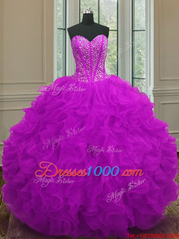 Edgy Purple Sleeveless Beading and Ruffles Floor Length Quinceanera Dresses