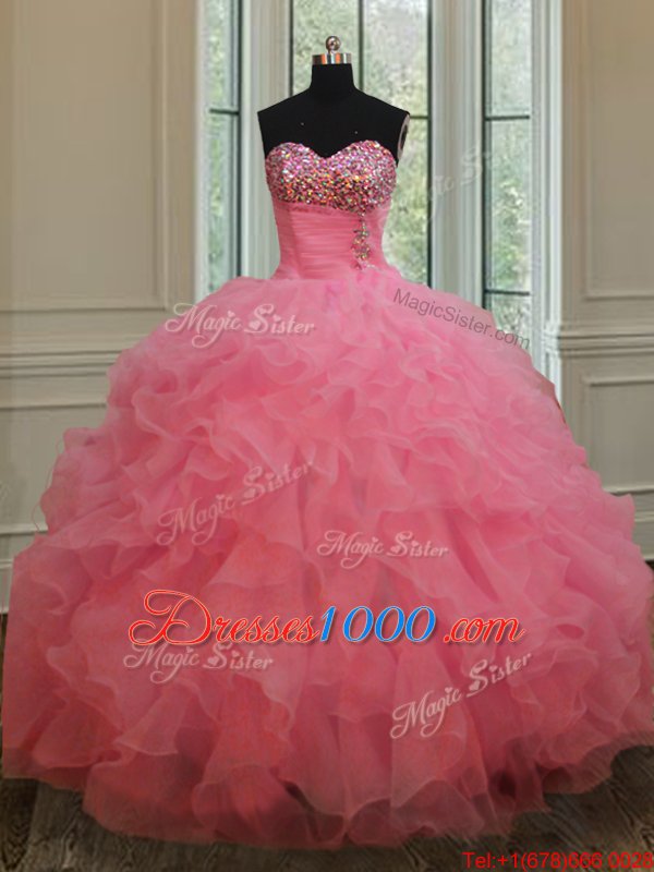 Organza Sweetheart Sleeveless Lace Up Beading and Ruffles Quinceanera Gown in Rose Pink