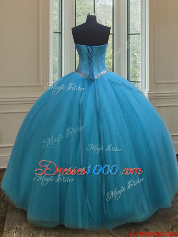 Clearance Teal Sleeveless Tulle Lace Up Sweet 16 Dresses for Military Ball and Sweet 16 and Quinceanera