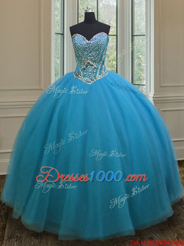 Clearance Teal Sleeveless Tulle Lace Up Sweet 16 Dresses for Military Ball and Sweet 16 and Quinceanera