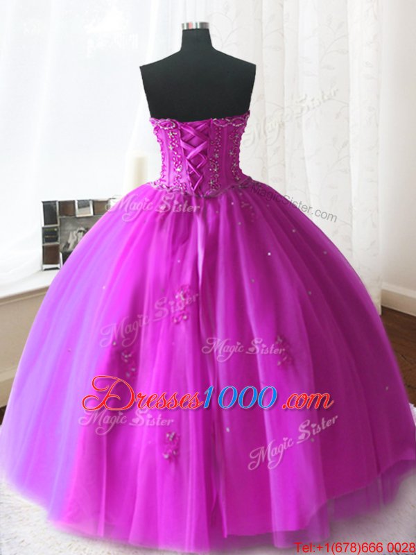 Fuchsia Strapless Lace Up Beading and Appliques Sweet 16 Quinceanera Dress Sleeveless