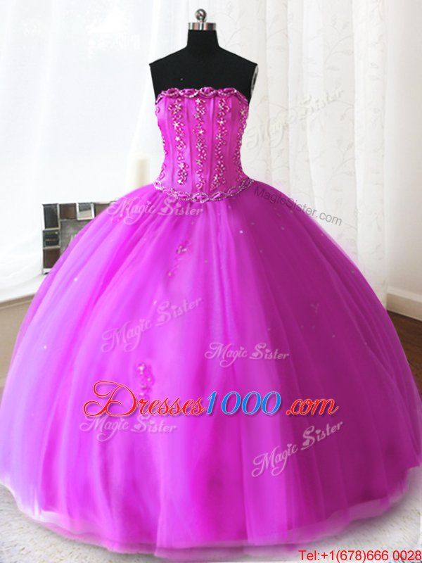 Fuchsia Strapless Lace Up Beading and Appliques Sweet 16 Quinceanera Dress Sleeveless