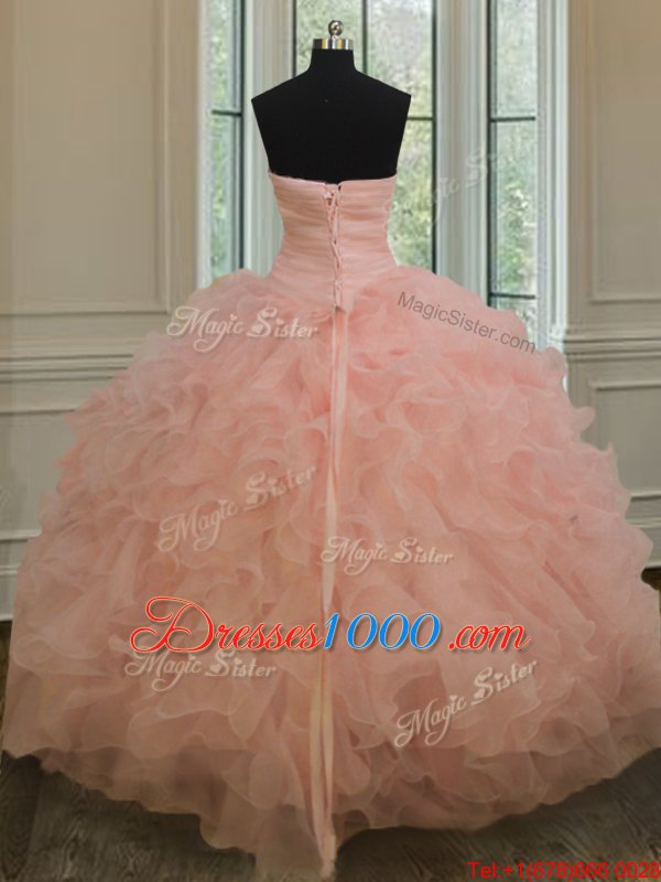 Customized Peach Ball Gowns Sweetheart Sleeveless Organza Floor Length Lace Up Beading and Ruffles Quince Ball Gowns