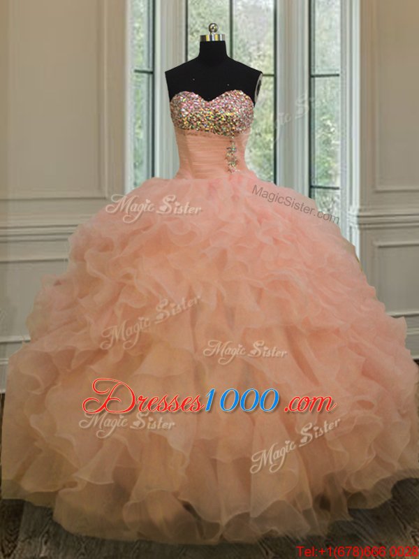 Customized Peach Ball Gowns Sweetheart Sleeveless Organza Floor Length Lace Up Beading and Ruffles Quince Ball Gowns