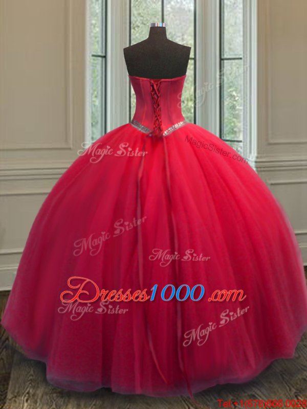 Red 15th Birthday Dress Military Ball and Sweet 16 and Quinceanera and For with Beading Sweetheart Sleeveless Lace Up