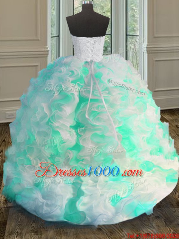 Sleeveless Floor Length Beading and Ruffles Lace Up Quince Ball Gowns with Multi-color