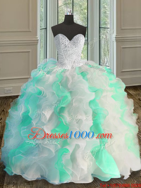 Sleeveless Floor Length Beading and Ruffles Lace Up Quince Ball Gowns with Multi-color