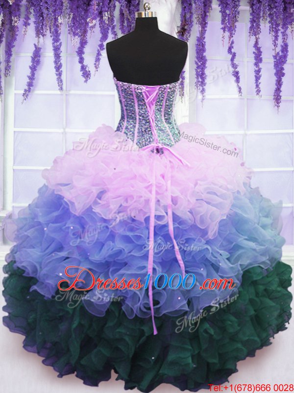 Romantic Sleeveless Organza Floor Length Lace Up Quinceanera Gown in Multi-color for with Beading and Ruffles and Ruffled Layers