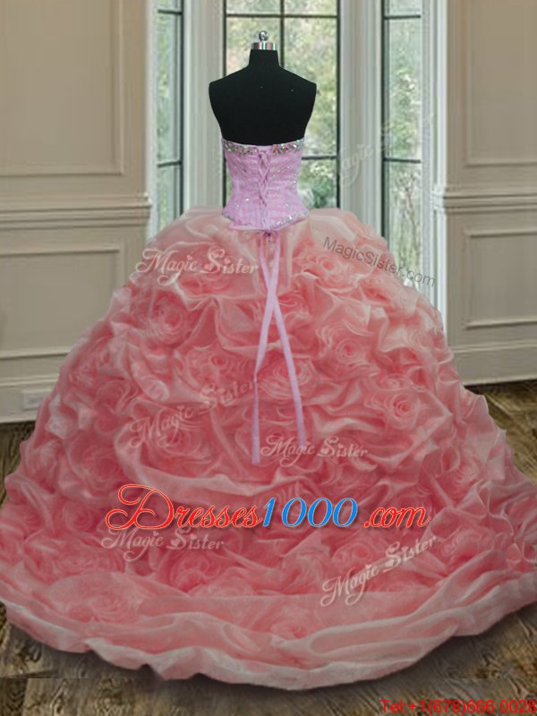 Custom Designed Watermelon Red Vestidos de Quinceanera Military Ball and Sweet 16 and Quinceanera and For with Beading Sweetheart Sleeveless Sweep Train Lace Up