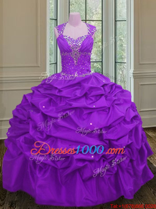 Straps Straps Beading and Pick Ups Quinceanera Dress Purple Lace Up Sleeveless Floor Length