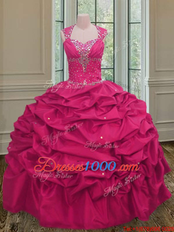 Spectacular Straps Straps Beading and Pick Ups Sweet 16 Dresses Hot Pink Lace Up Sleeveless Floor Length