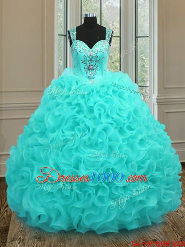 Chic Straps Straps Aqua Blue Sleeveless Beading and Ruffles Floor Length Sweet 16 Quinceanera Dress