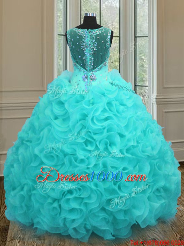 Chic Straps Straps Aqua Blue Sleeveless Beading and Ruffles Floor Length Sweet 16 Quinceanera Dress