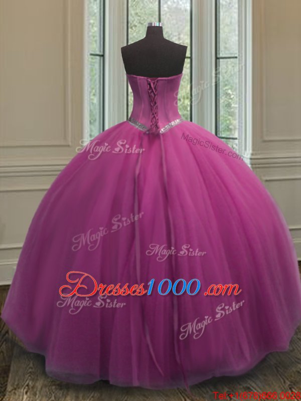 Super Lilac Tulle Lace Up Sweet 16 Dress Sleeveless Floor Length Beading