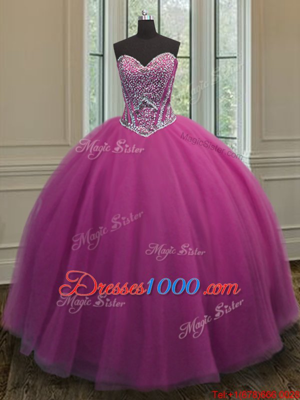 Super Lilac Tulle Lace Up Sweet 16 Dress Sleeveless Floor Length Beading