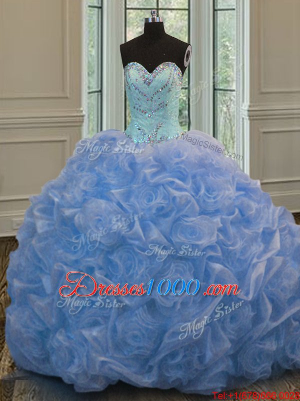 Baby Blue Organza Lace Up Sweetheart Sleeveless Floor Length 15th Birthday Dress Beading
