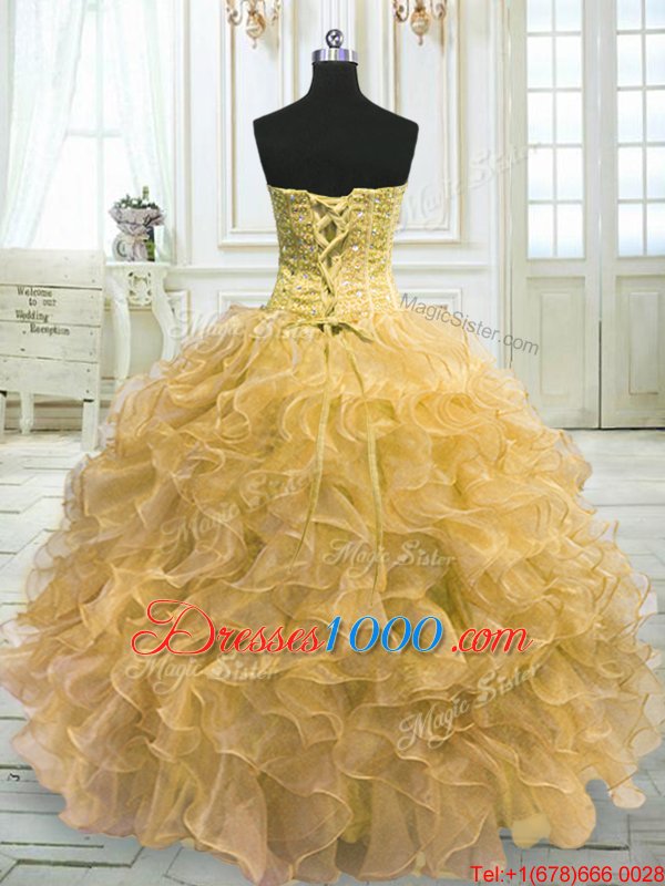 Custom Design Floor Length Lace Up Sweet 16 Dress Light Yellow and In for Military Ball and Sweet 16 and Quinceanera with Beading and Ruffles