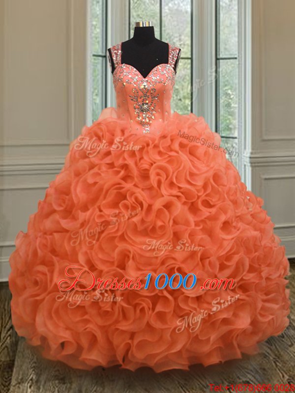 Best Straps Straps Orange Red Ball Gowns Beading and Ruffles Quinceanera Gowns Zipper Organza Sleeveless Floor Length