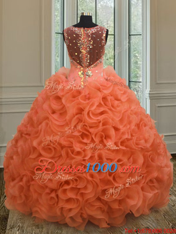 Best Straps Straps Orange Red Ball Gowns Beading and Ruffles Quinceanera Gowns Zipper Organza Sleeveless Floor Length