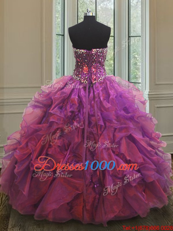 Cute Sleeveless Floor Length Beading and Ruffles Lace Up Sweet 16 Dress with Purple