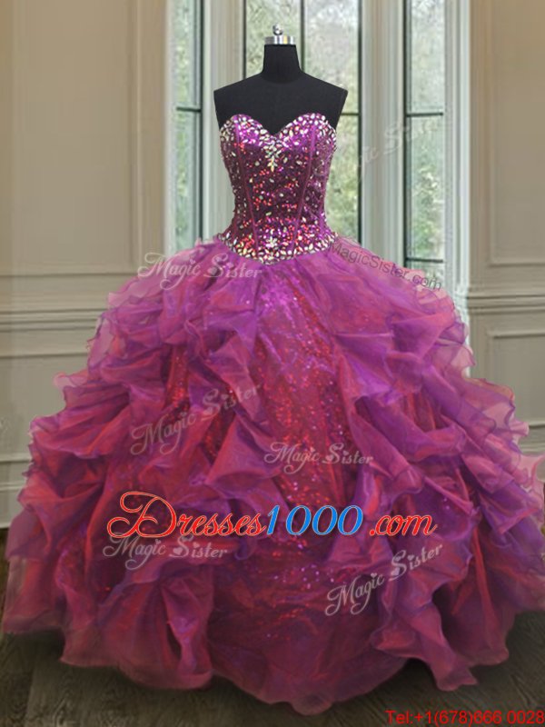 Cute Sleeveless Floor Length Beading and Ruffles Lace Up Sweet 16 Dress with Purple