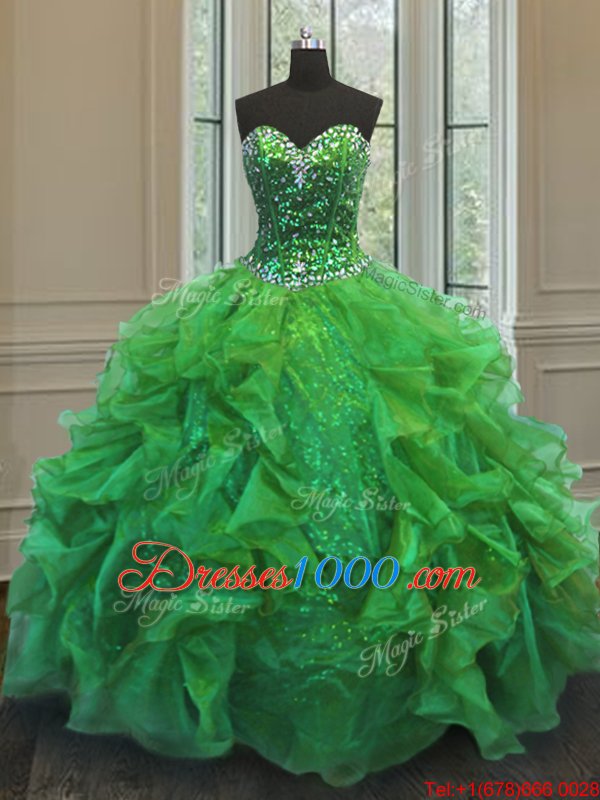 Best Ball Gowns Beading and Ruffles Vestidos de Quinceanera Lace Up Organza and Sequined Sleeveless Floor Length