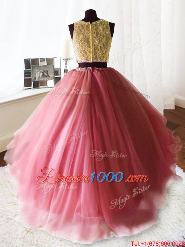 Scoop Sleeveless Brush Train Zipper Sweet 16 Dresses Rose Pink Organza and Tulle and Lace