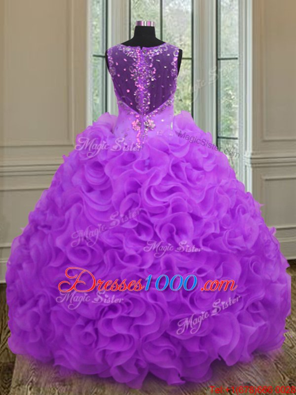 Traditional Purple Quince Ball Gowns Military Ball and Sweet 16 and Quinceanera and For with Beading and Ruffles Straps Sleeveless Zipper
