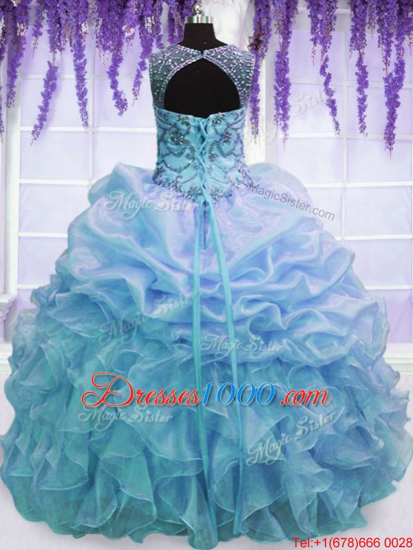 Scoop Sleeveless Organza Floor Length Lace Up Sweet 16 Quinceanera Dress in Blue for with Beading and Pick Ups