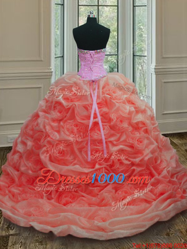 Colorful Pick Ups Sweep Train Ball Gowns 15th Birthday Dress Watermelon Red Sweetheart Organza Sleeveless Lace Up