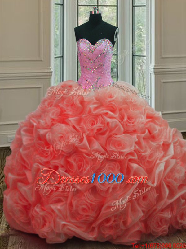 Colorful Pick Ups Sweep Train Ball Gowns 15th Birthday Dress Watermelon Red Sweetheart Organza Sleeveless Lace Up