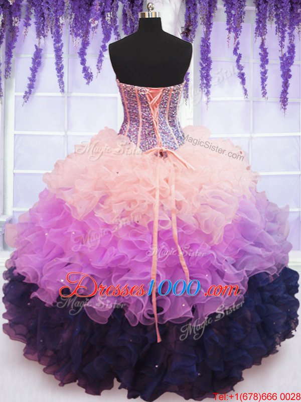 Multi-color Organza Lace Up Sweetheart Sleeveless Floor Length 15th Birthday Dress Beading and Ruffles and Ruffled Layers
