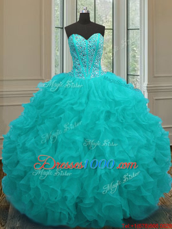 Delicate Aqua Blue Organza Lace Up 15th Birthday Dress Sleeveless Floor Length Beading and Ruffles