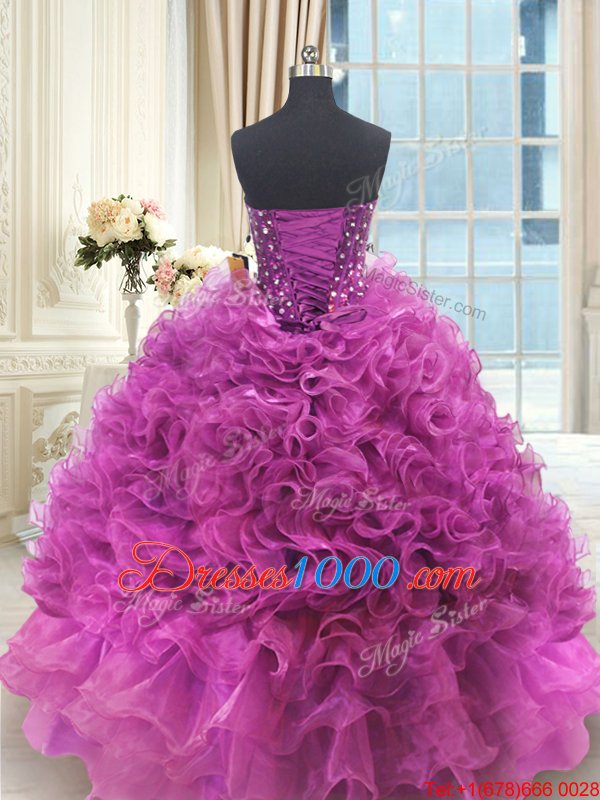 Fuchsia Quinceanera Dresses Military Ball and Sweet 16 and Quinceanera and For with Beading and Ruffles Sweetheart Sleeveless Lace Up
