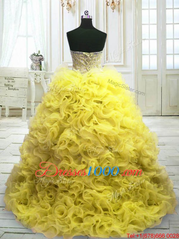 Glamorous Beading and Ruffles Sweet 16 Quinceanera Dress Yellow Lace Up Sleeveless Sweep Train